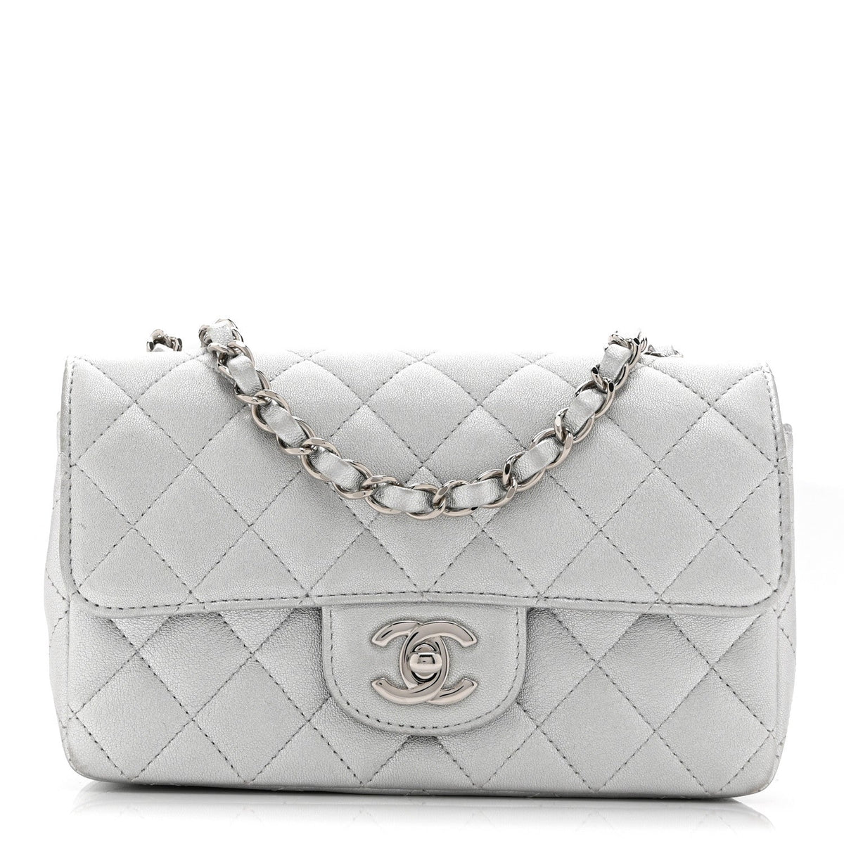 Metallic Lambskin Quilted Mini Rectangular Flap Silver