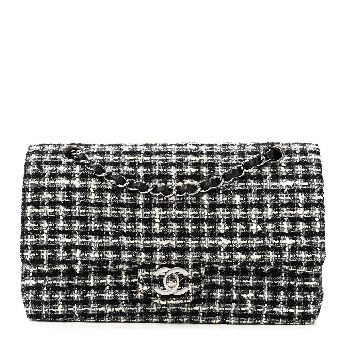 Tweed Quilted Medium Double Flap Black