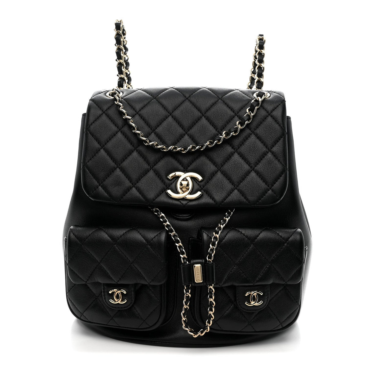 Calfskin Quilted Large Duma Pockets Drawstring Backpack Black