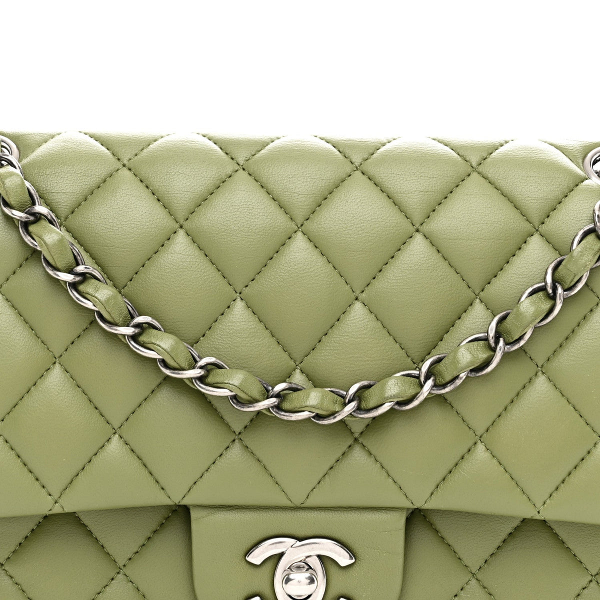 Lambskin Quilted Medium Double Flap Green