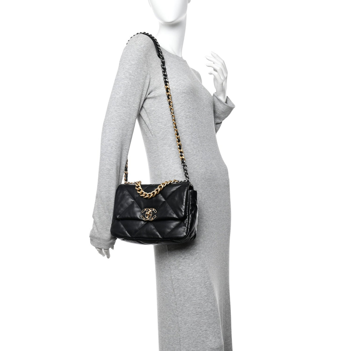 Shiny Goatskin Quilted Medium Chanel 19 Flap Black