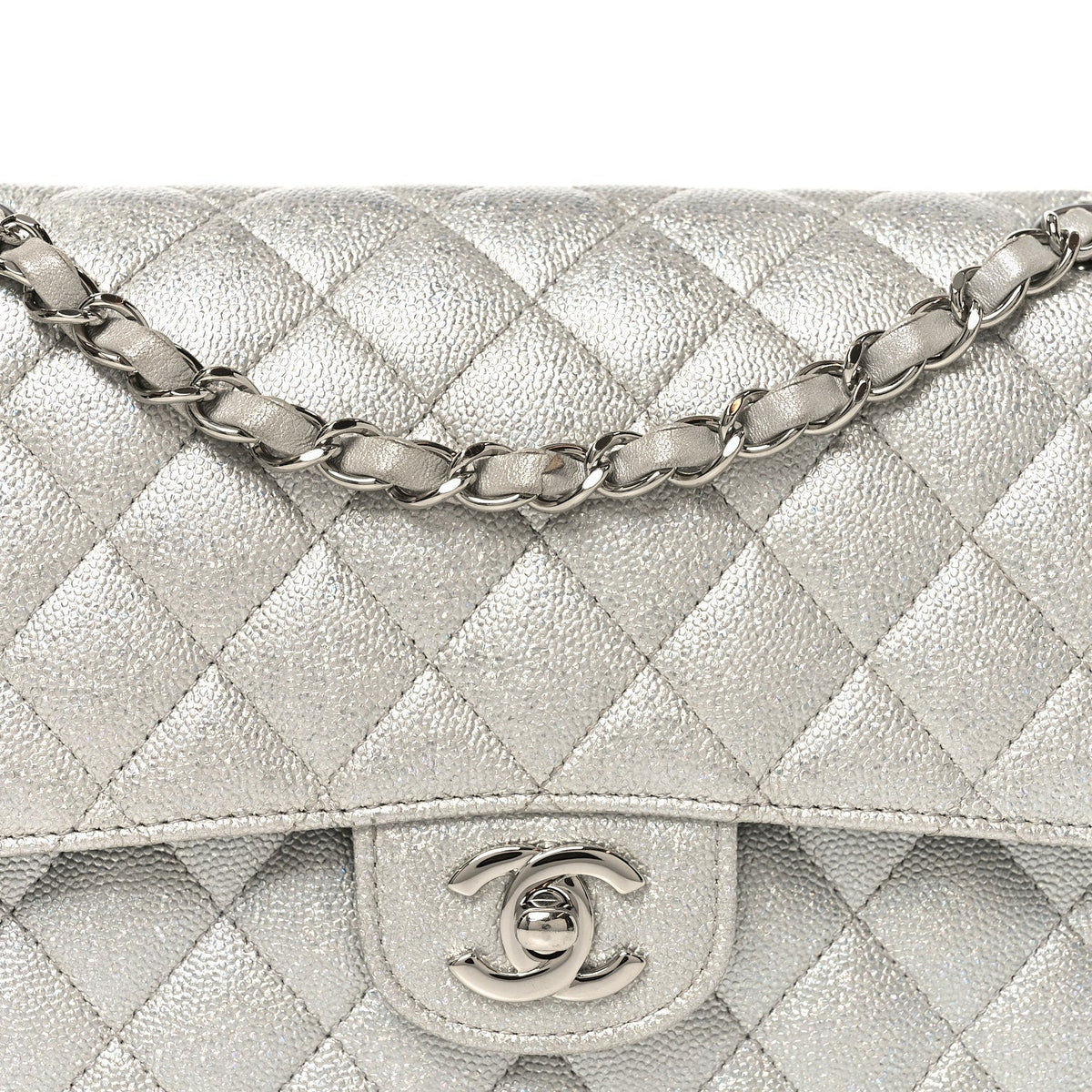 Glittered Metallic Caviar Quilted Medium Double Flap Silver