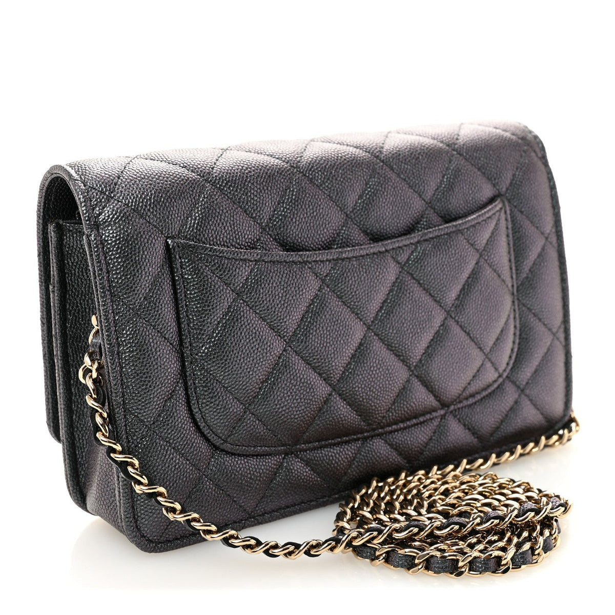 Iridescent Caviar Quilted Wallet On Chain WOC Green