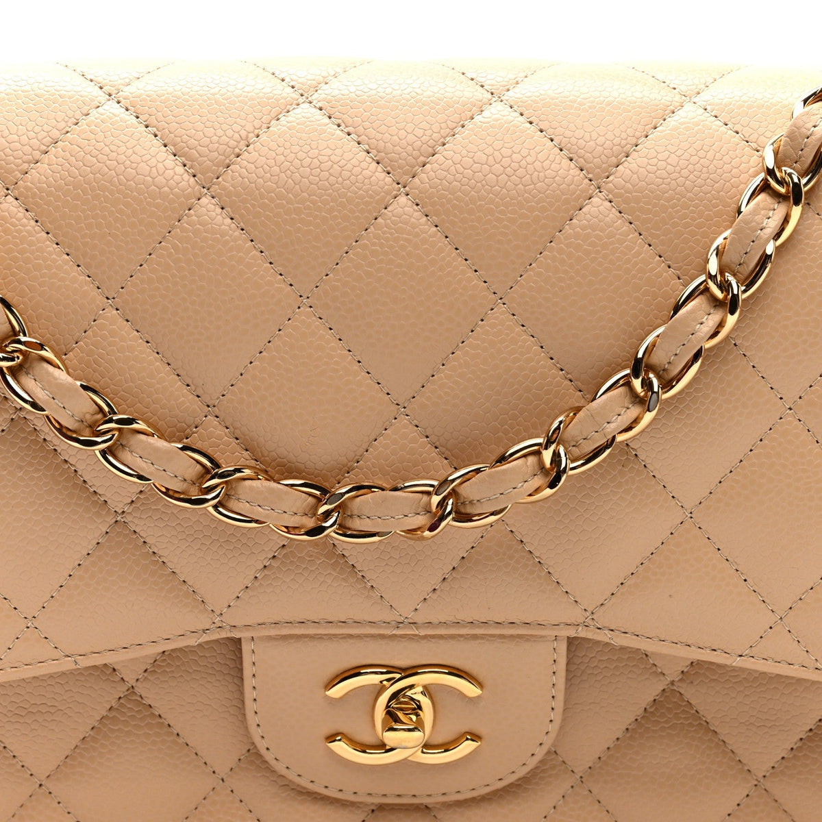 Caviar Quilted Jumbo Double Flap Light Beige