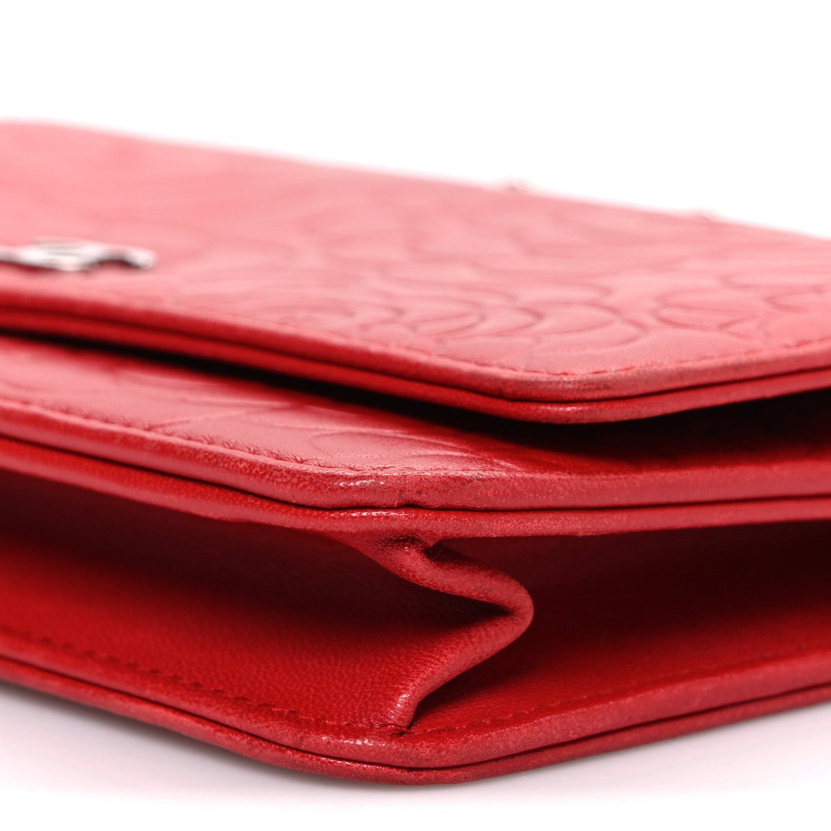 Lambskin Camellia Embossed Wallet on Chain WOC Red