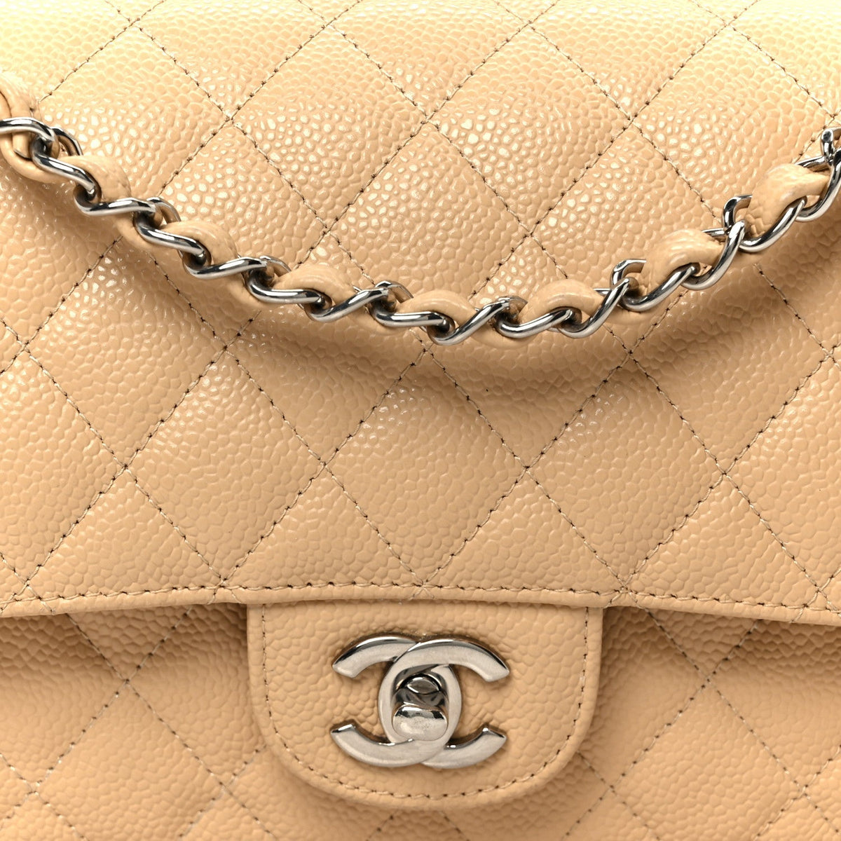 Caviar Quilted Medium Double Flap Beige