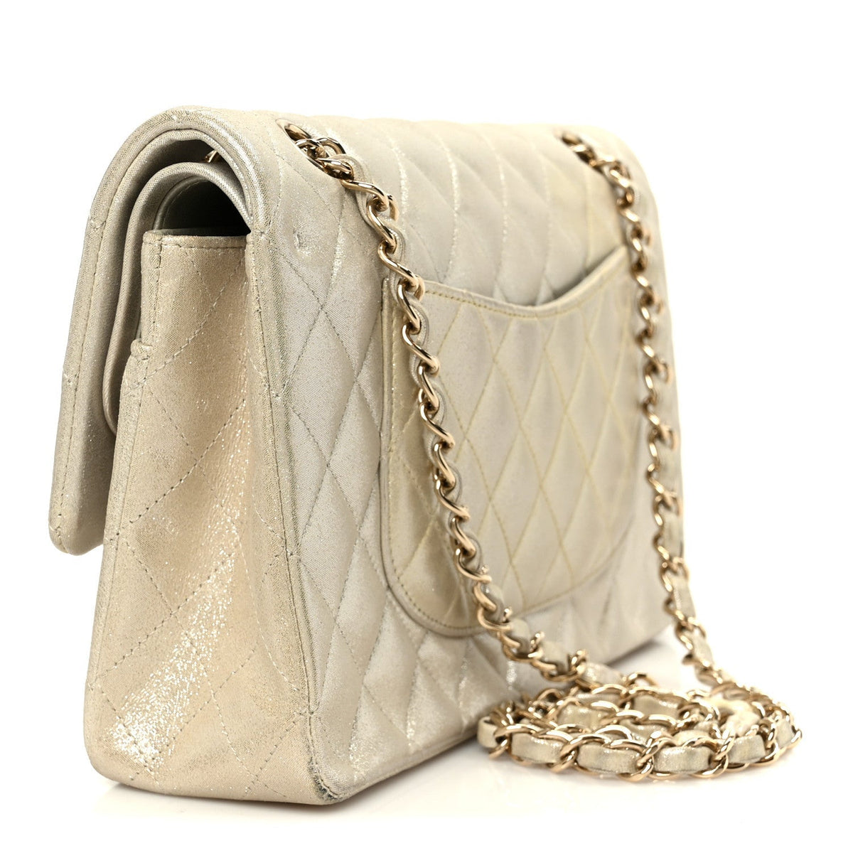 Metallic Canvas Quilted Medium Double Flap Light Gold