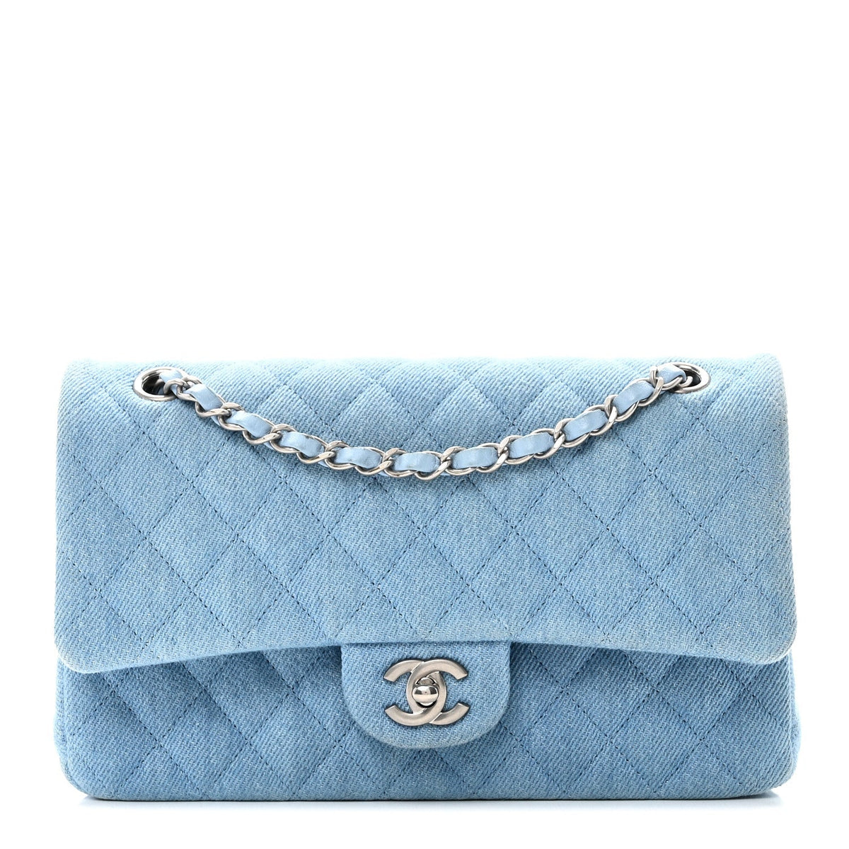 Denim Quilted Medium Double Flap Light Blue
