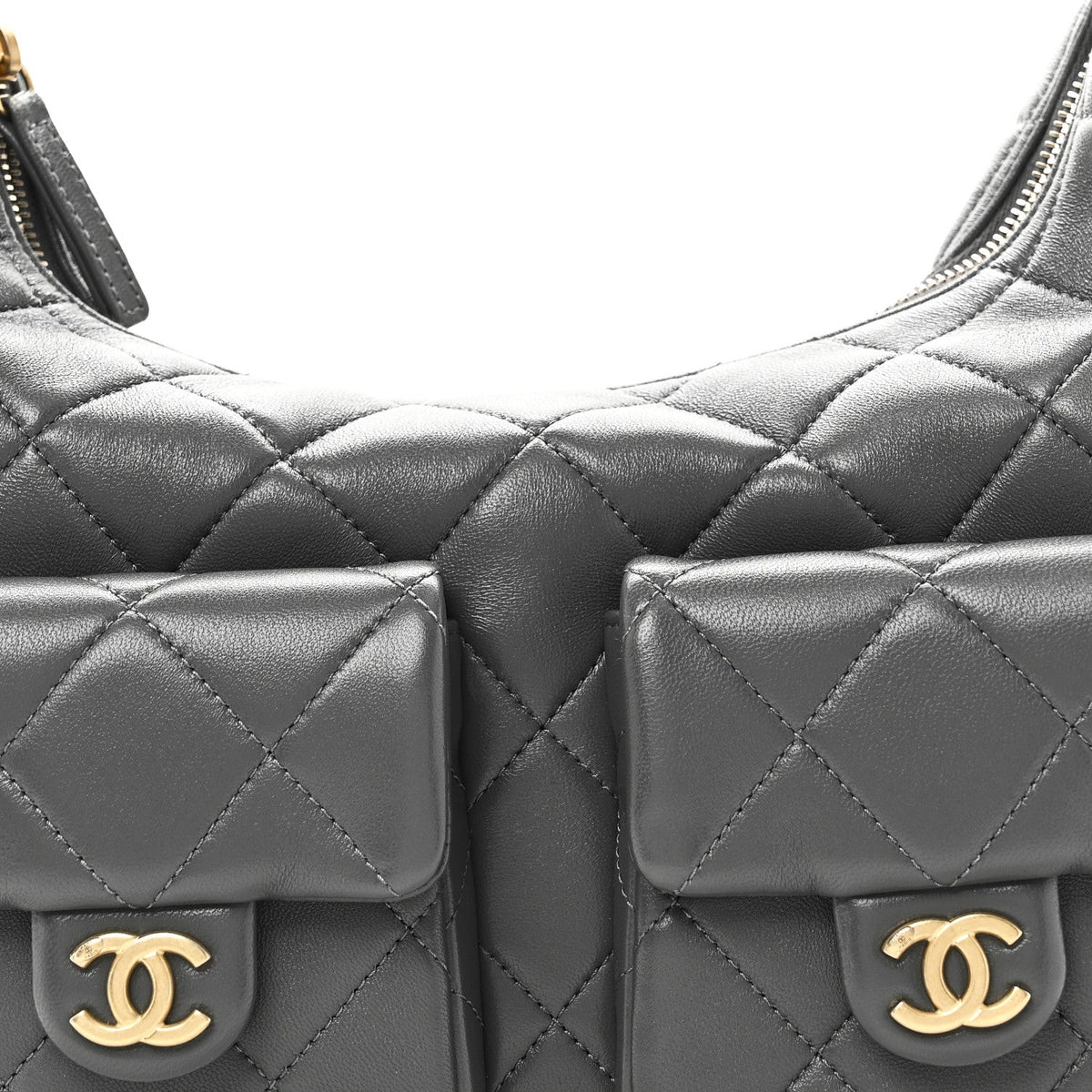 Shiny Lambskin Quilted Large Trendy Pockets Hobo Grey
