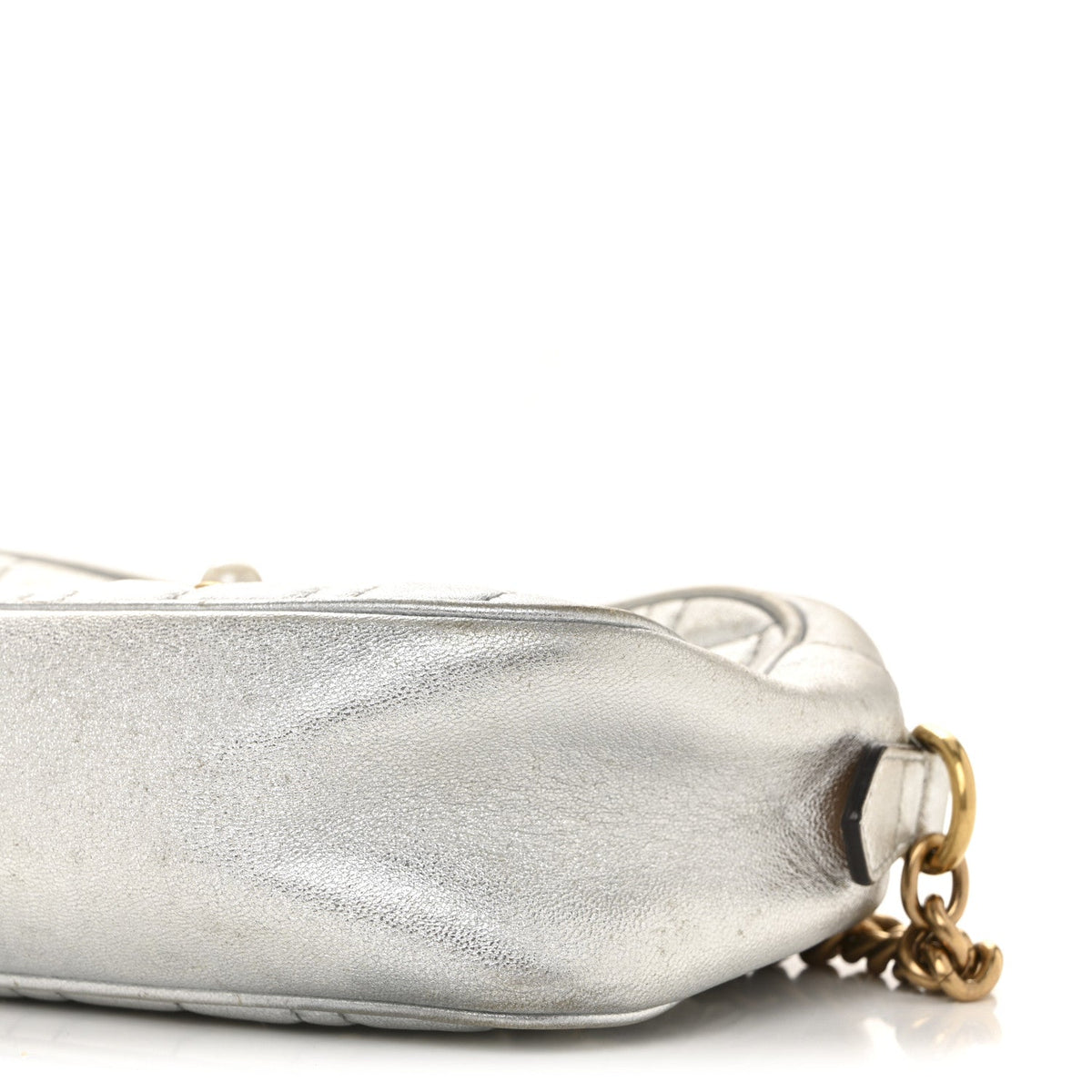 Metallic Calfskin Matelasse Studded Small Pearly GG Marmont Chain Shoulder Bag Silver
