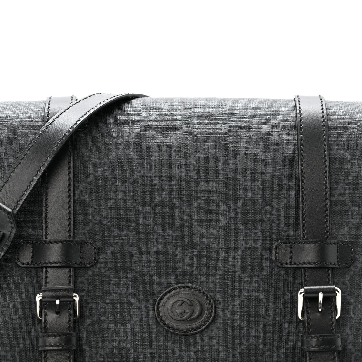 GG Supreme Monogram Textured Dollar Calfskin Retro Interlocking G Flap Messenger Bag Black