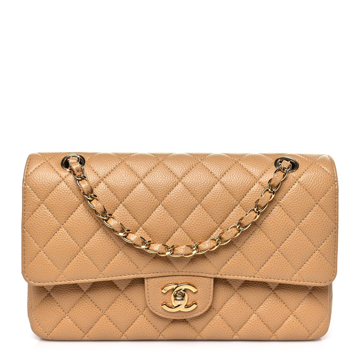 Caviar Quilted Medium Double Flap Beige