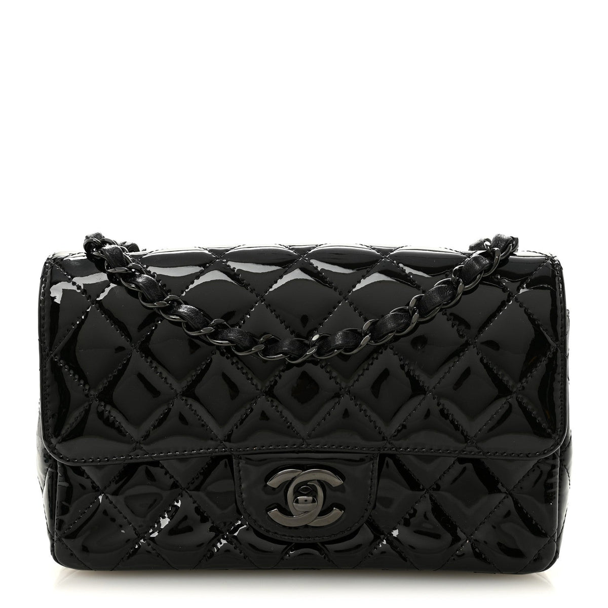 Patent Calfskin Quilted Mini Rectangular Flap So Black