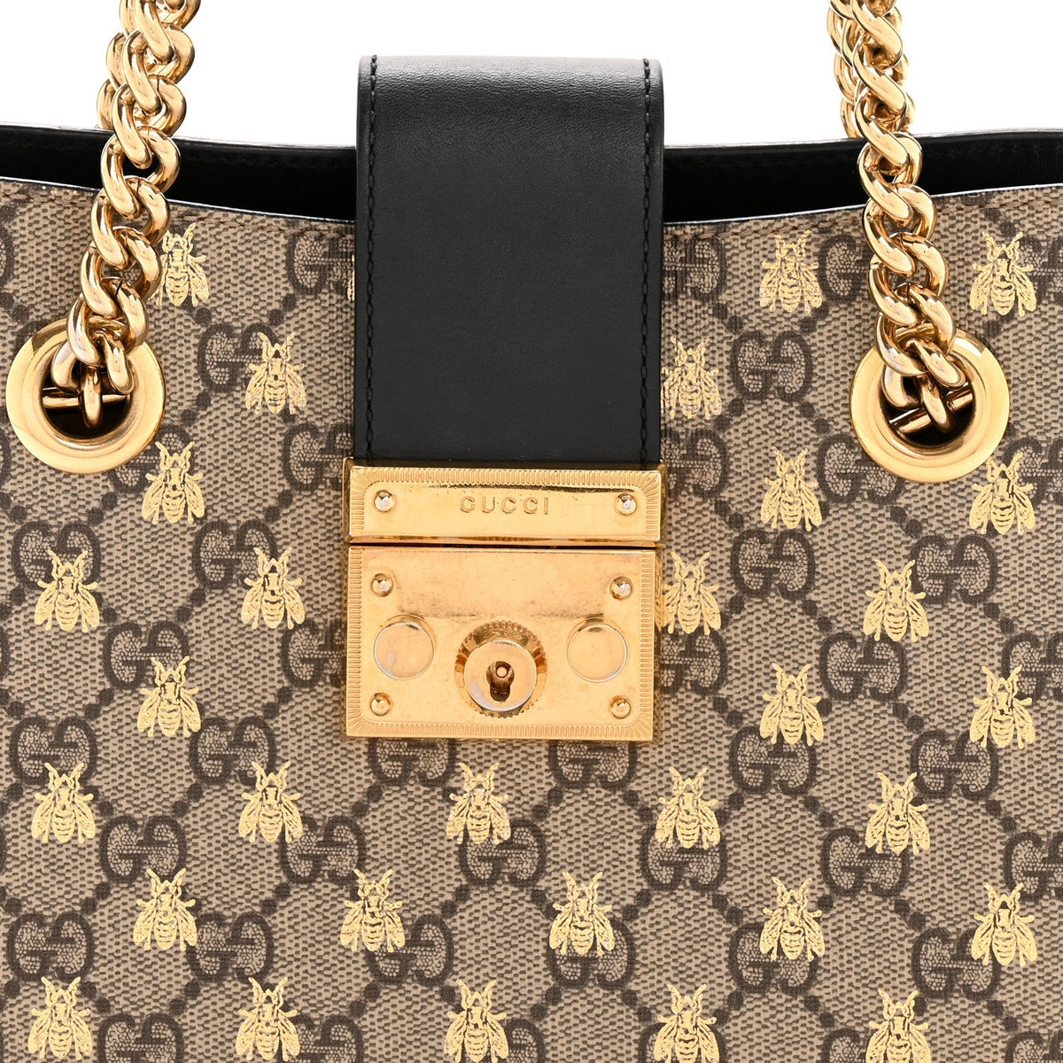 GG Supreme Monogram Bees Small Padlock Tote Beige Oro Black