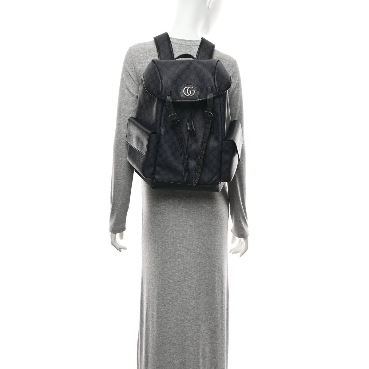 GG Supreme Monogram Textured Dollar Calfskin Medium Ophidia Double Buckle Backpack Blue Dark Blue Black