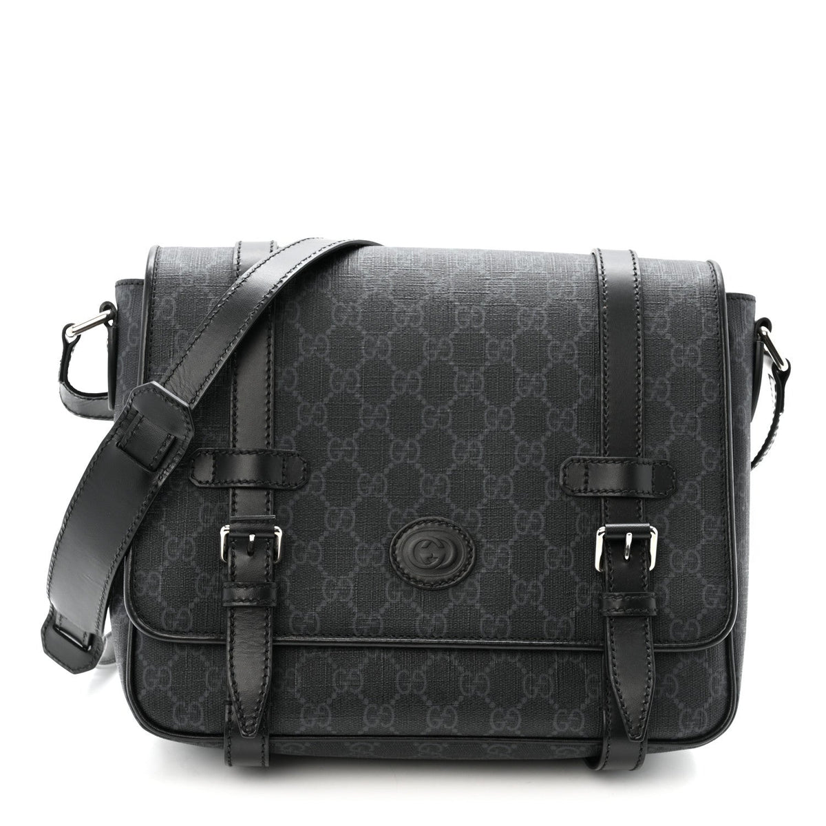 GG Supreme Monogram Textured Dollar Calfskin Retro Interlocking G Flap Messenger Bag Black