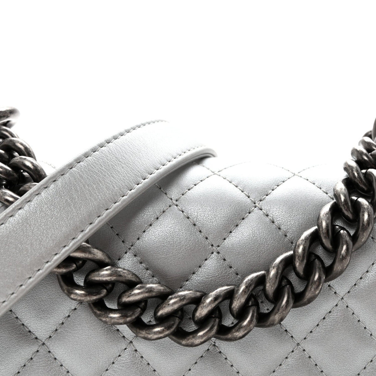 Metallic Calfskin Quilted Small Boy Flap Silver