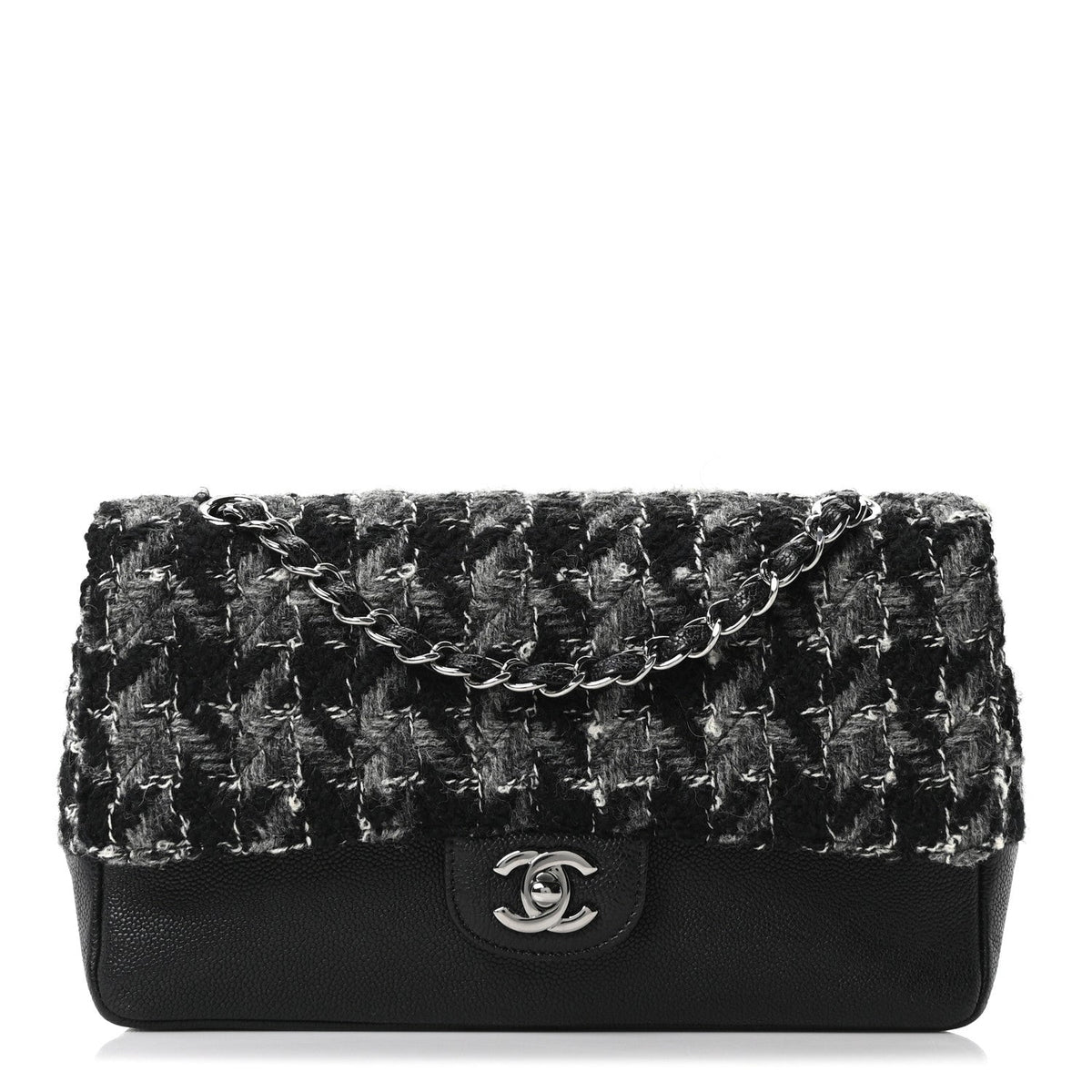 Caviar Tweed Houndstooth Quilted Medium Double Flap Black Grey