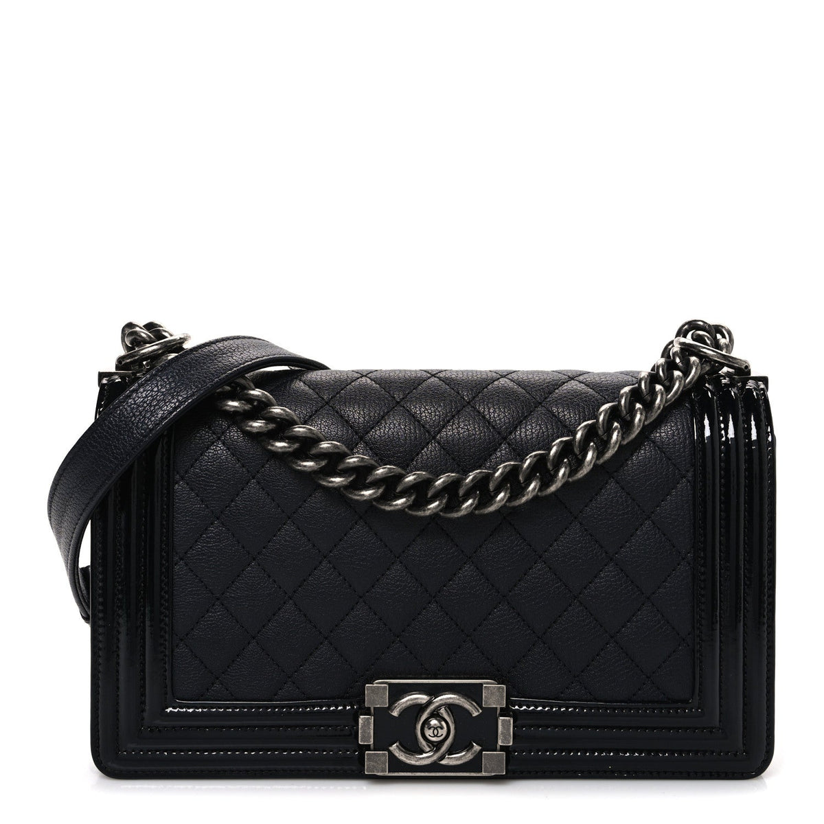 Goatskin Quilted Patent Medium Duo Boy Flap Black