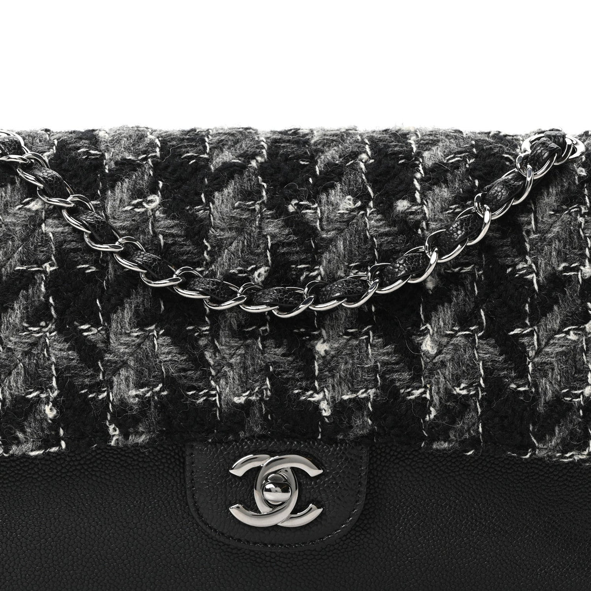 Caviar Tweed Houndstooth Quilted Medium Double Flap Black Grey