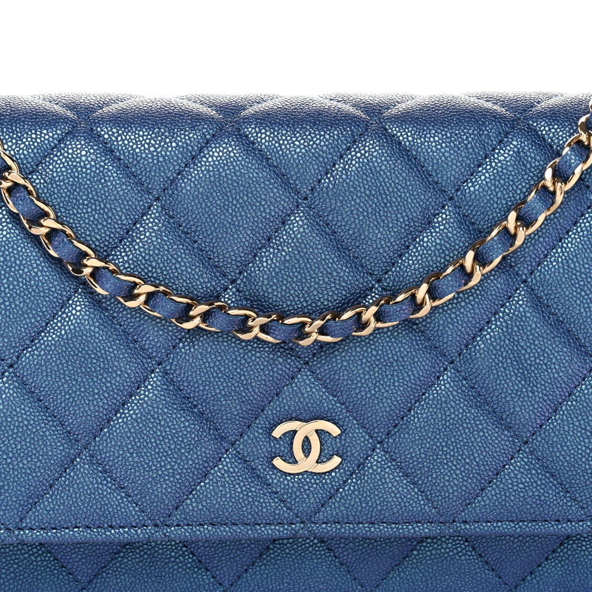 Iridescent Caviar Quilted Wallet on Chain WOC Dark Blue