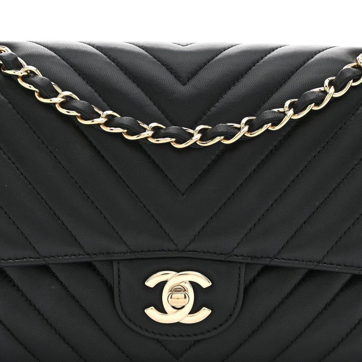 Lambskin Chevron Quilted Medium Double Flap Black
