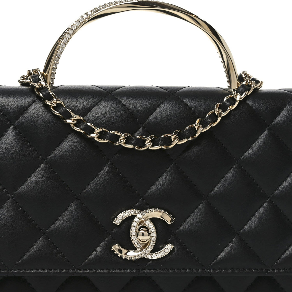 Lambskin Quilted Crystal Handle Wallet On Chain WOC Black