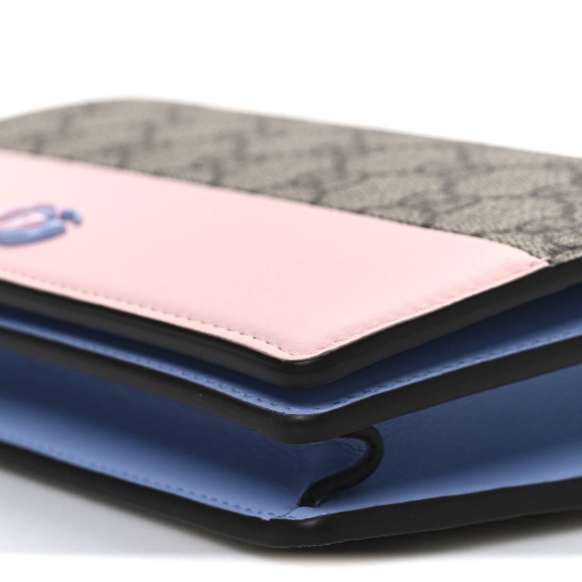 GG Supreme Monogram Textured Dollar Calfskin Mini GG Marmont Chain Wallet Light Pink Blue Beige