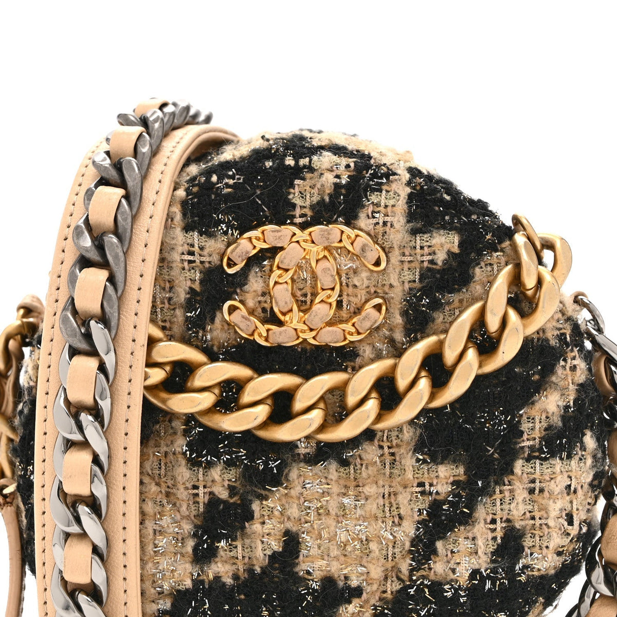 Wool Tweed Lambskin Quilted Chanel 19 Round Clutch With Chain and Coin Purse Beige Black