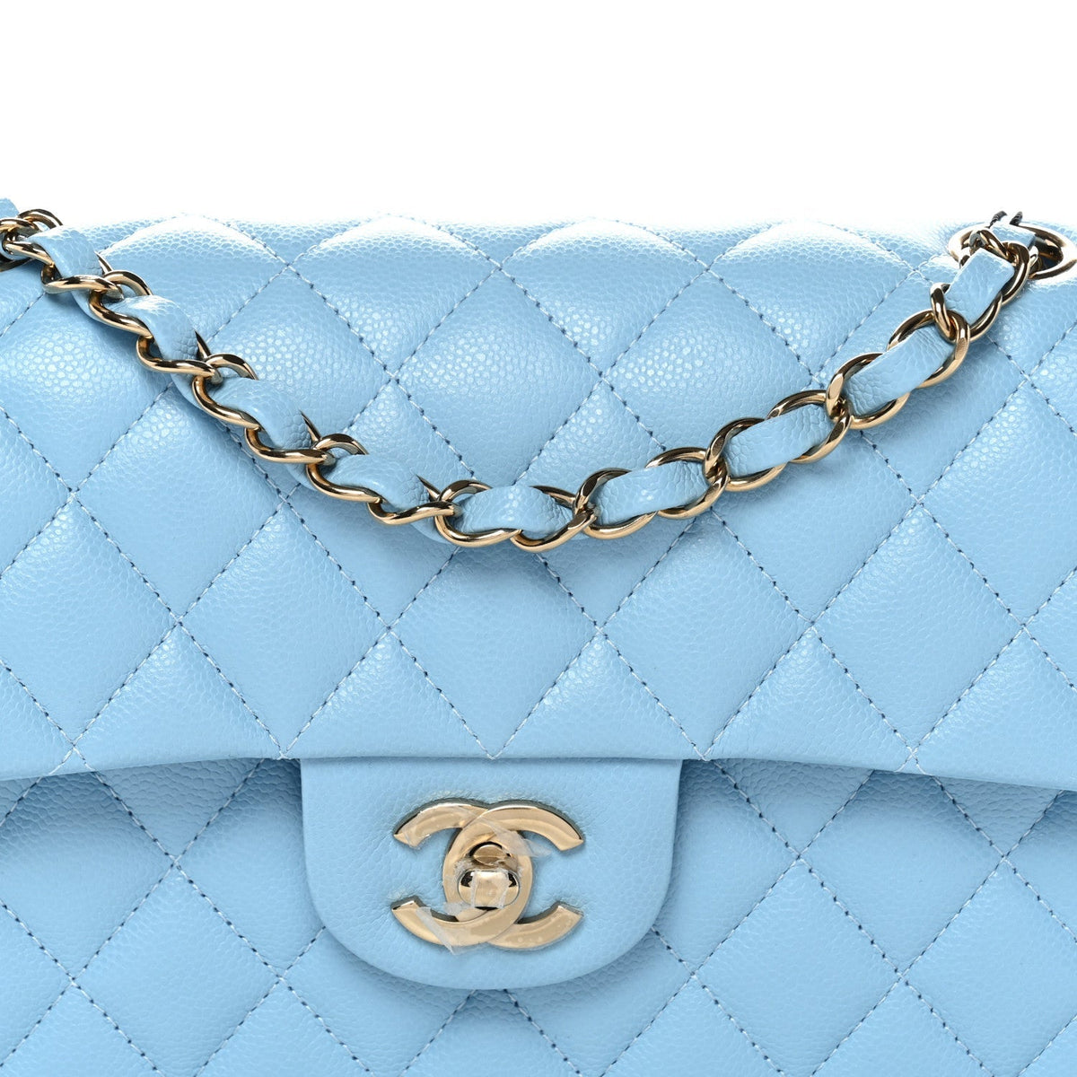 Caviar Quilted Small Double Flap Light Blue