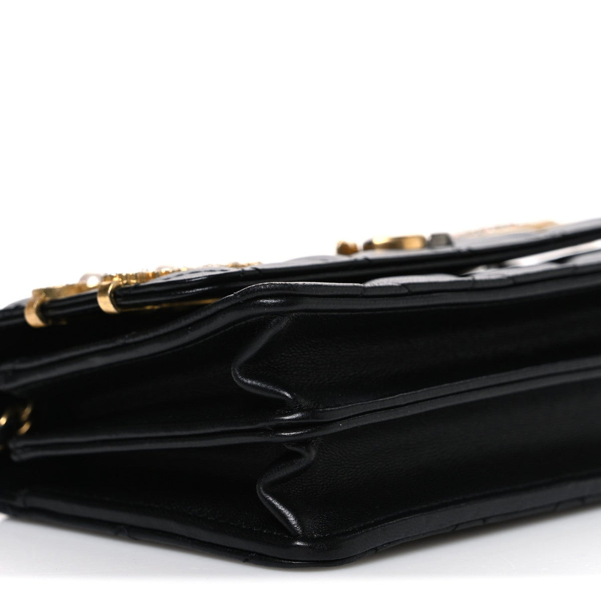 Lambskin Quilted Coco Clips Mini Wallet On Chain WOC Black