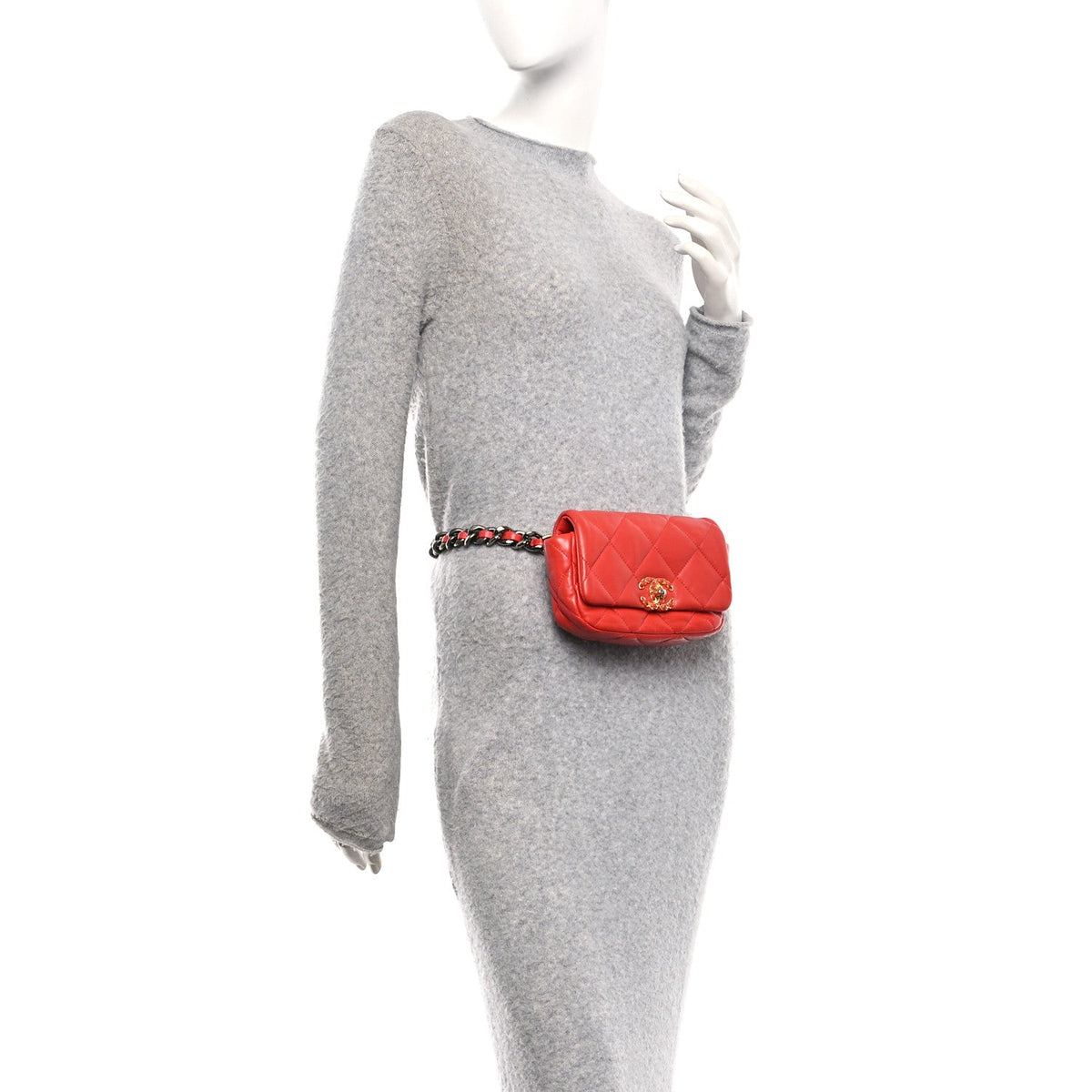 Lambskin Quilted Chanel 19 Waist Bag Red