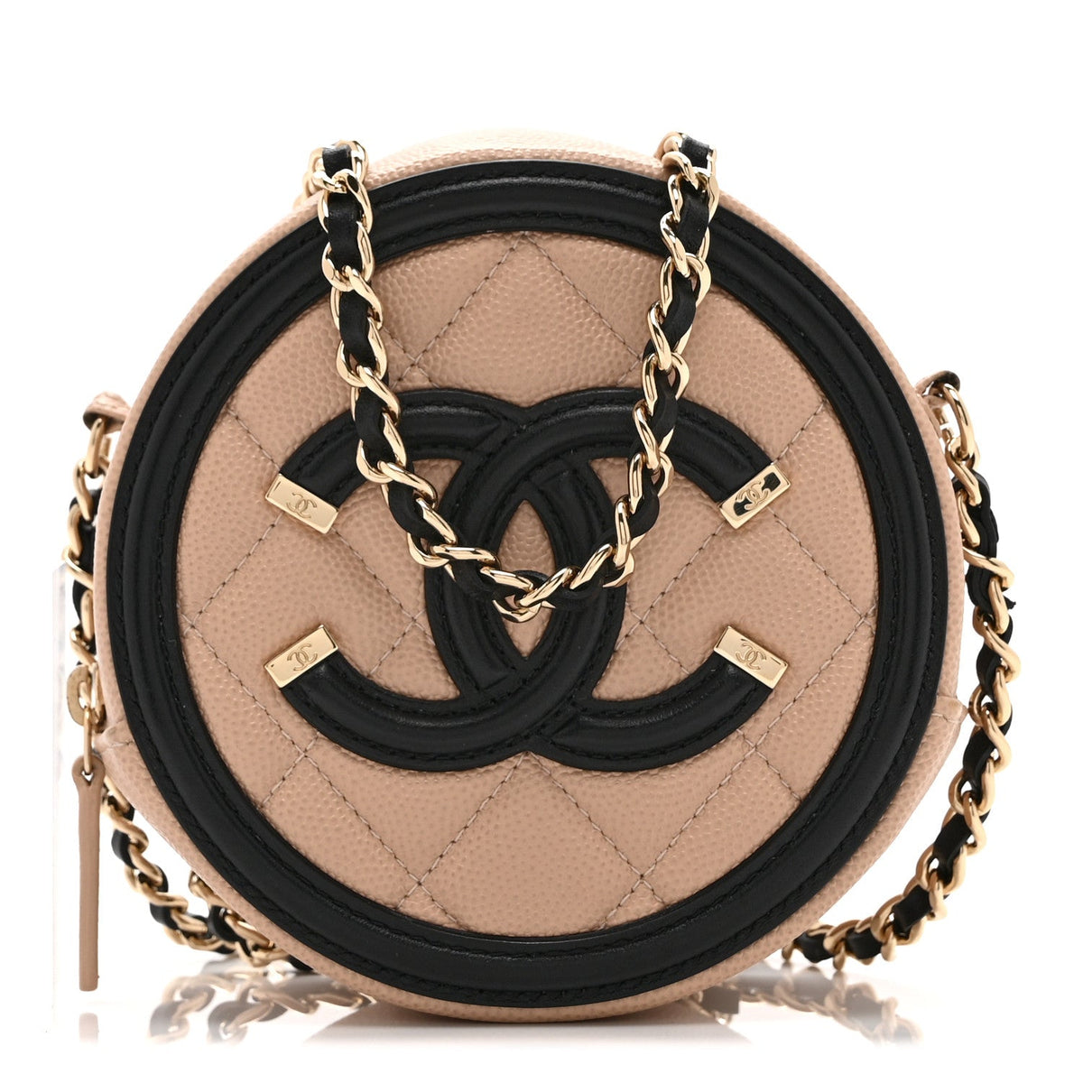 Caviar Quilted Round Filigree Crossbody Beige Black