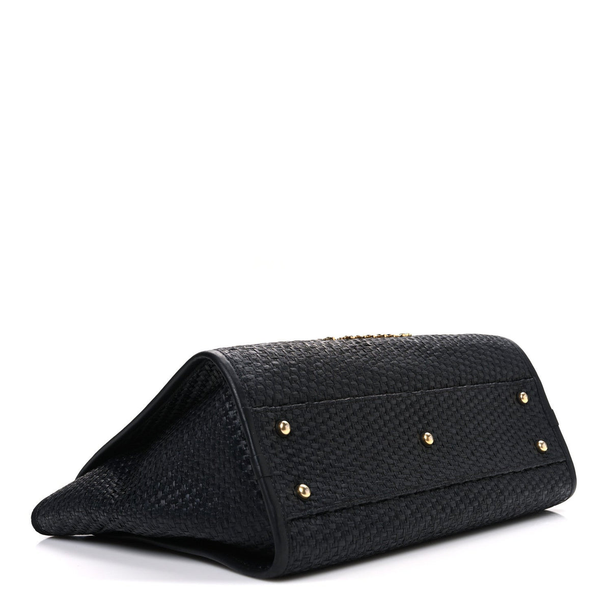 Straw Raffia Calfskin Chain Small Deauville Tote Black