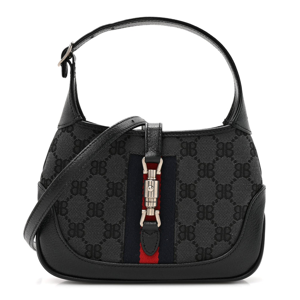 X BALENCIAGA BB Monogram Calfskin Web Mini Jackie 1961 Hobo Black
