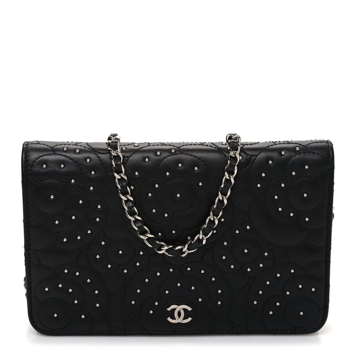 Lambskin Camellia Studded Wallet on Chain WOC Black