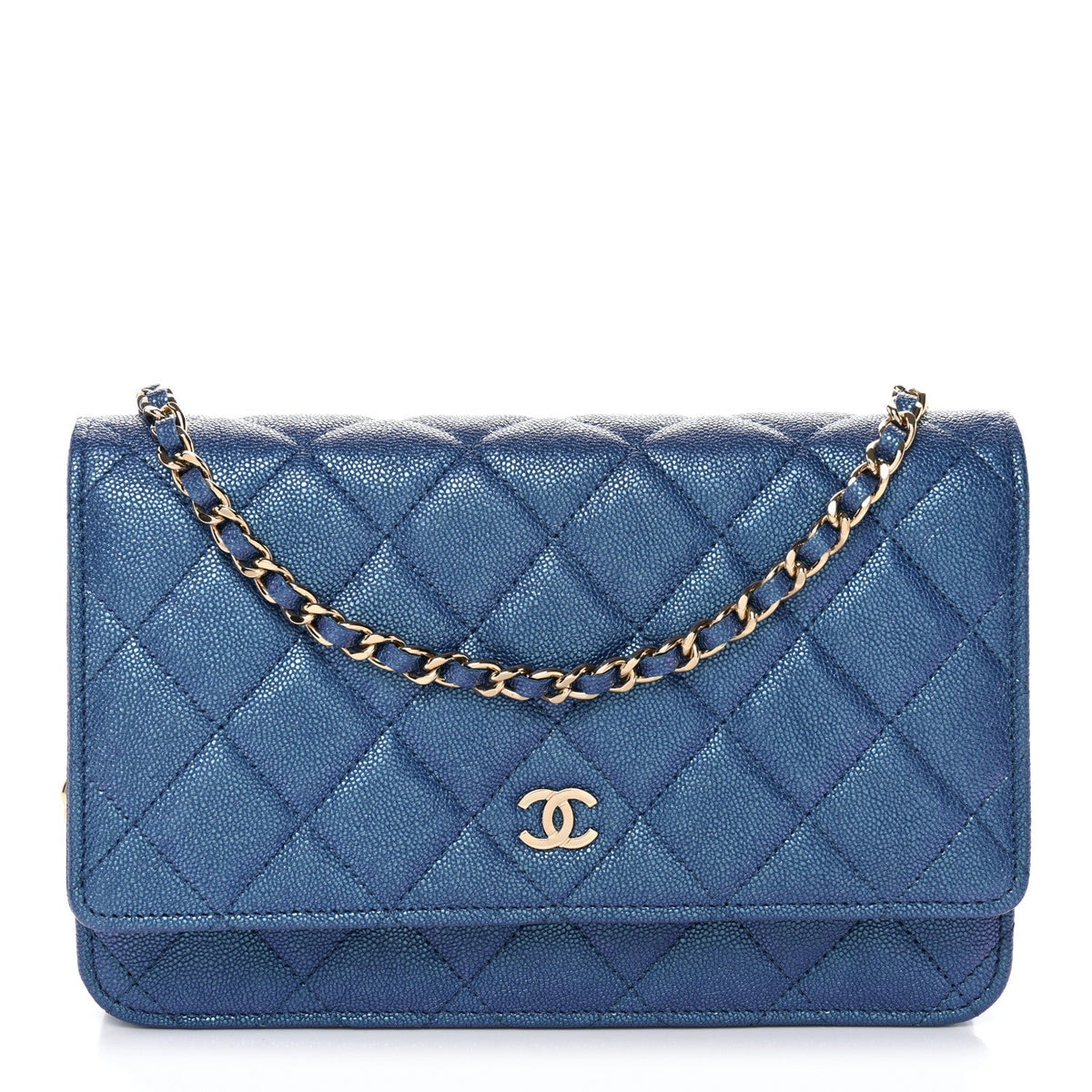 Iridescent Caviar Quilted Wallet on Chain WOC Dark Blue