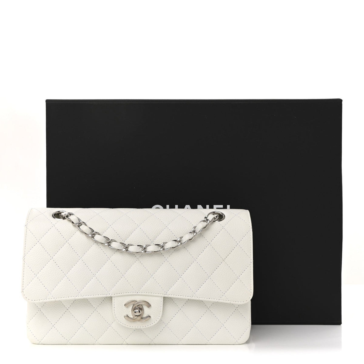 Caviar Quilted Medium Double Flap White