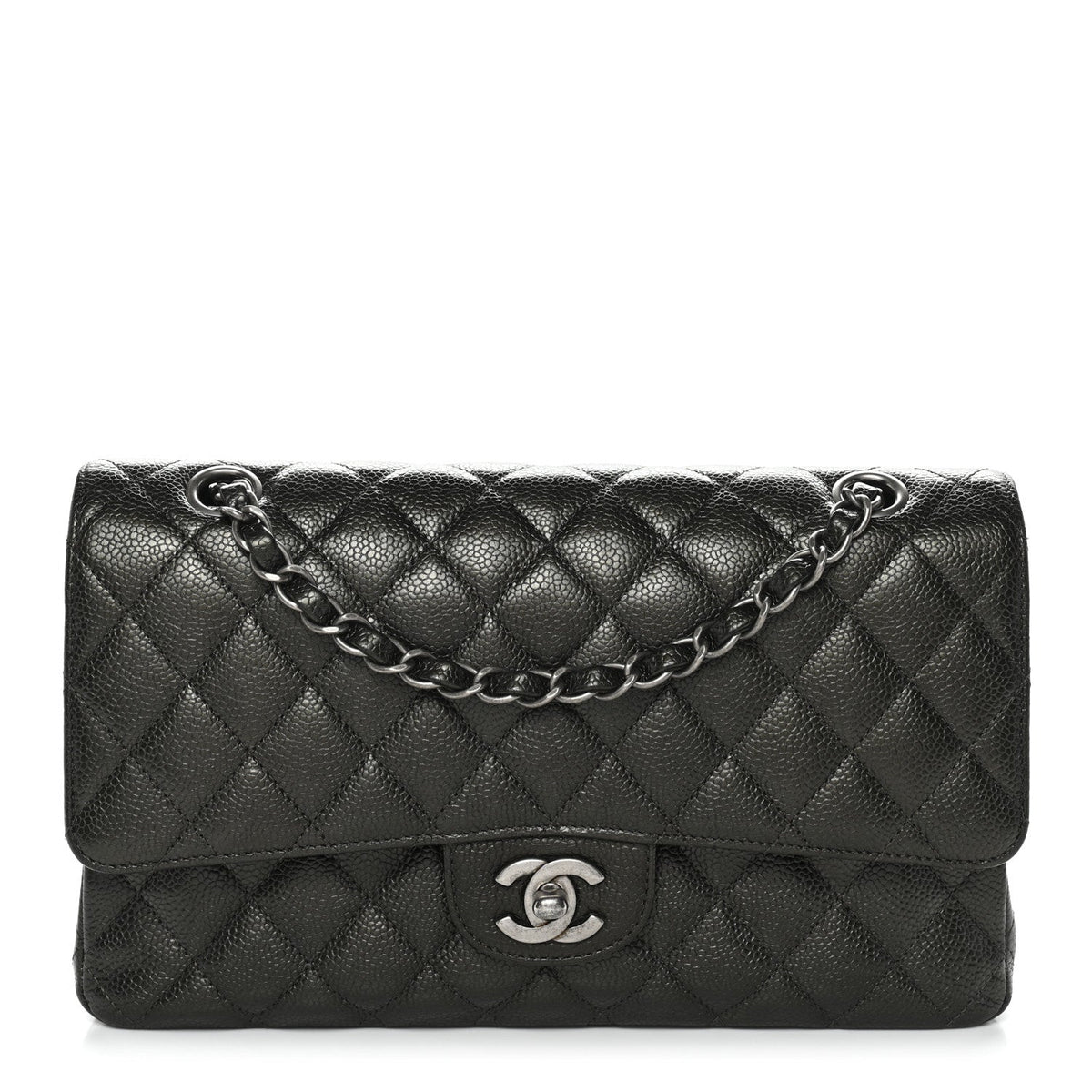 Metallic Caviar Quilted Medium Double Flap Dark Charcoal