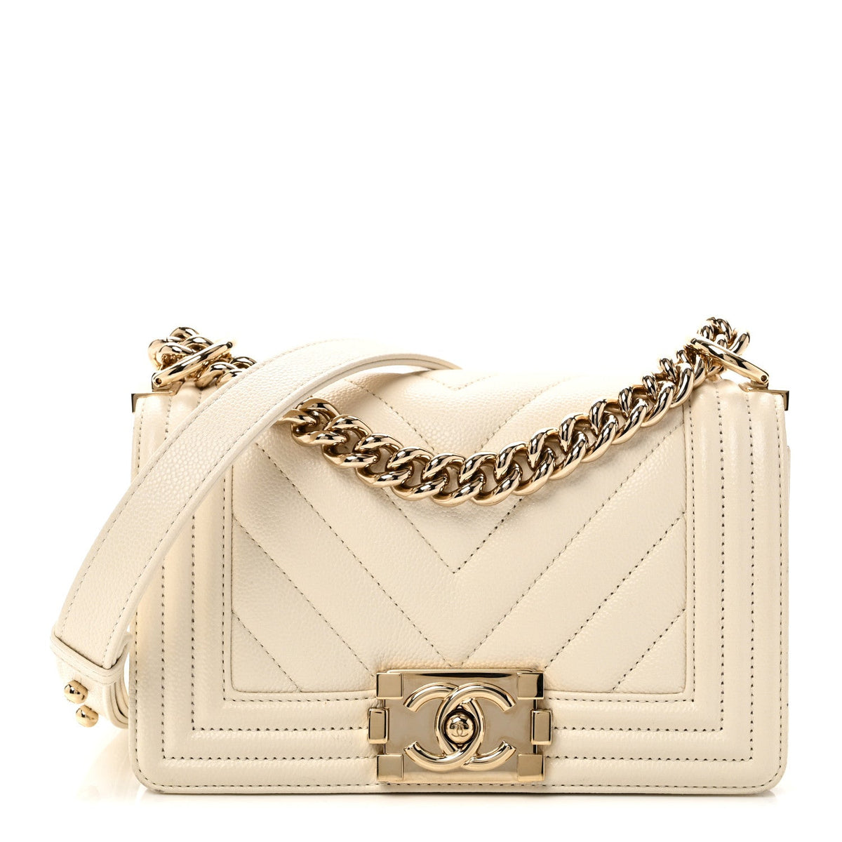 Caviar Chevron Quilted Small Boy Flap White