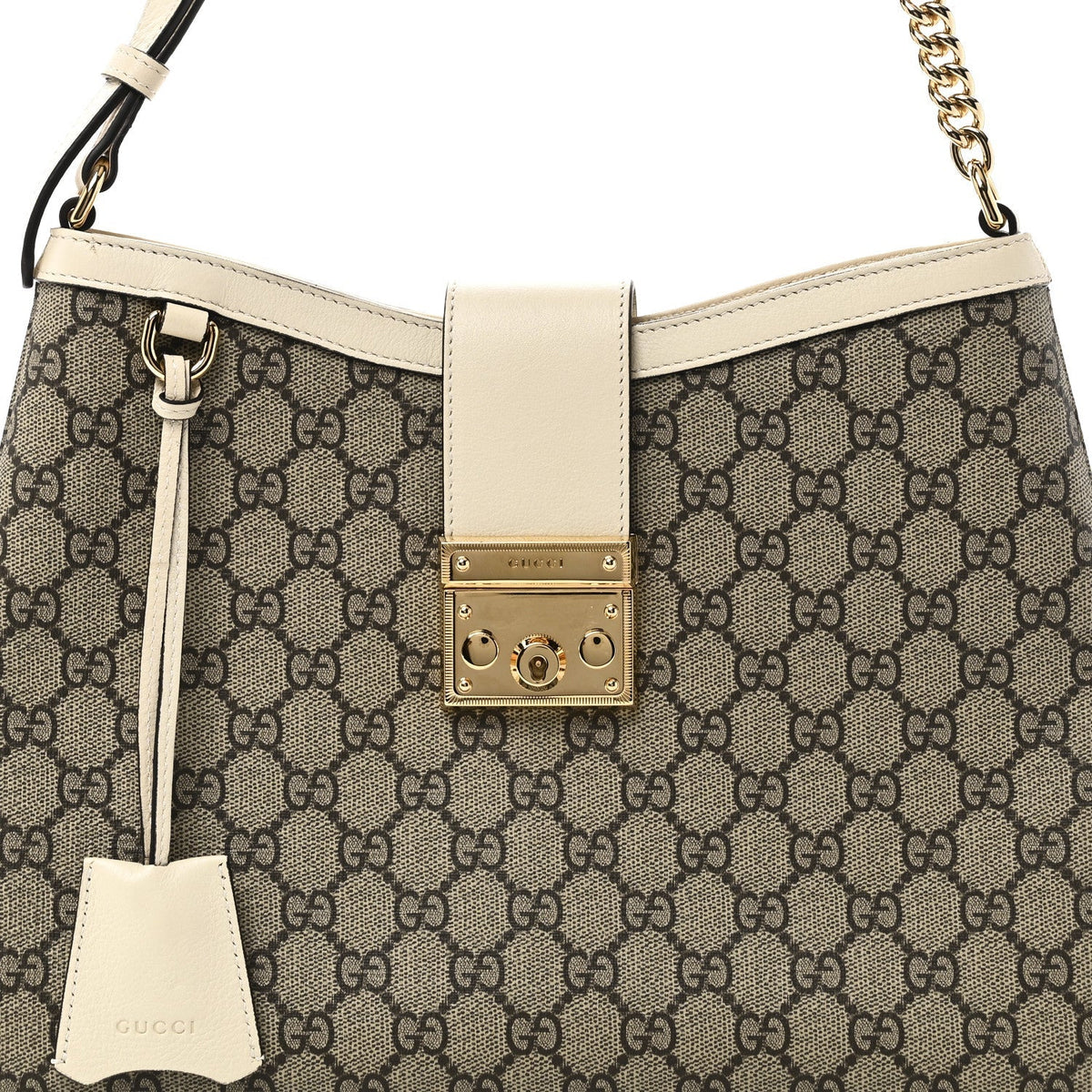 GG Supreme Monogram Moon Calfskin Medium Padlock Shoulder Bag Beige Ebony Mystic White