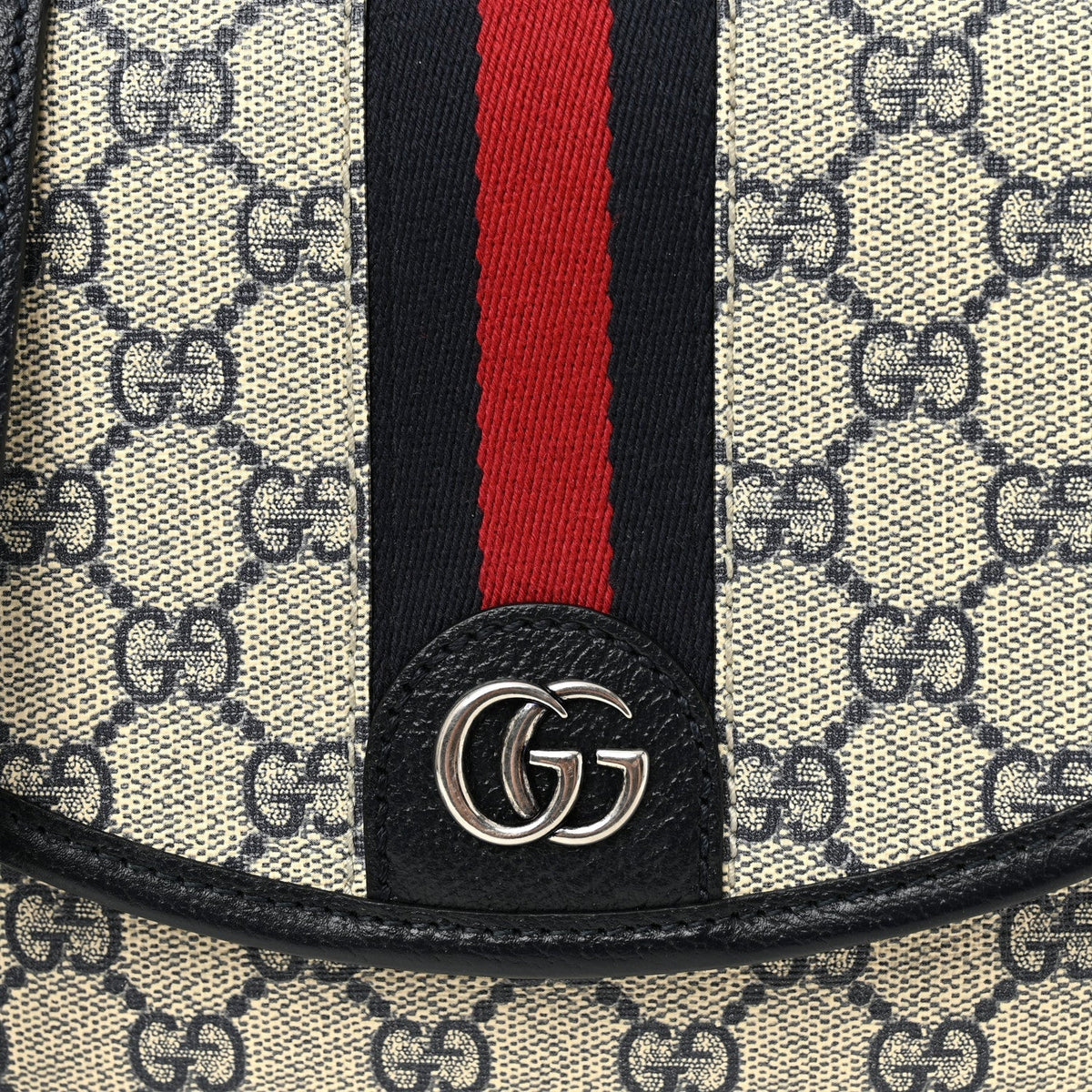 GG Supreme Monogram Textured Dollar Calfskin Web Studded Mini Ophidia Flap Shoulder Bag Beige Blue
