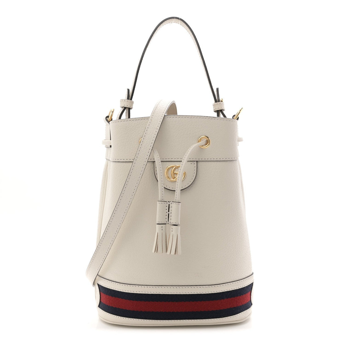 Glazed Textured Calfskin Web Small Ophidia Bucket Bag Mystic White