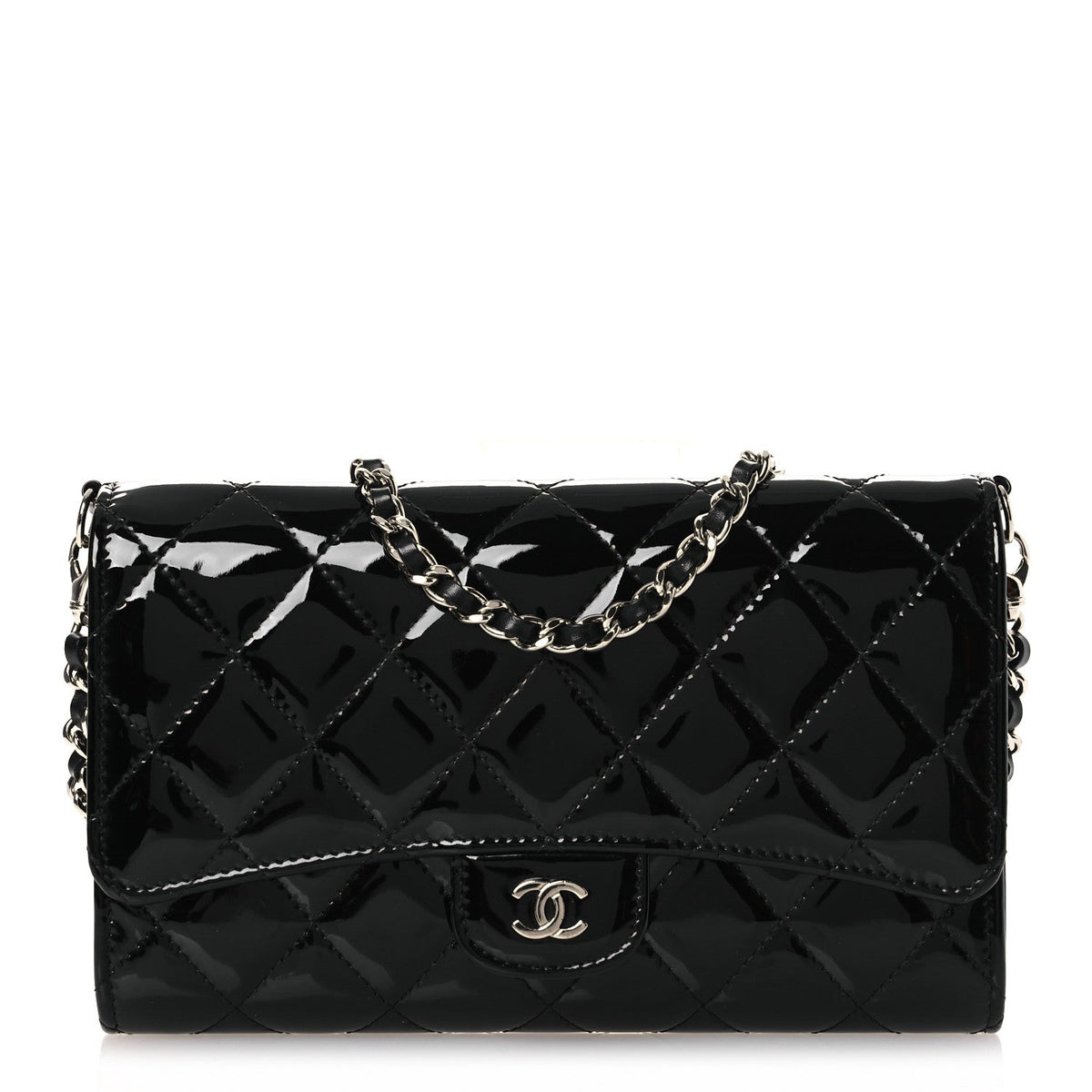 Patent Quilted Wallet On Removable Chain WOC Black