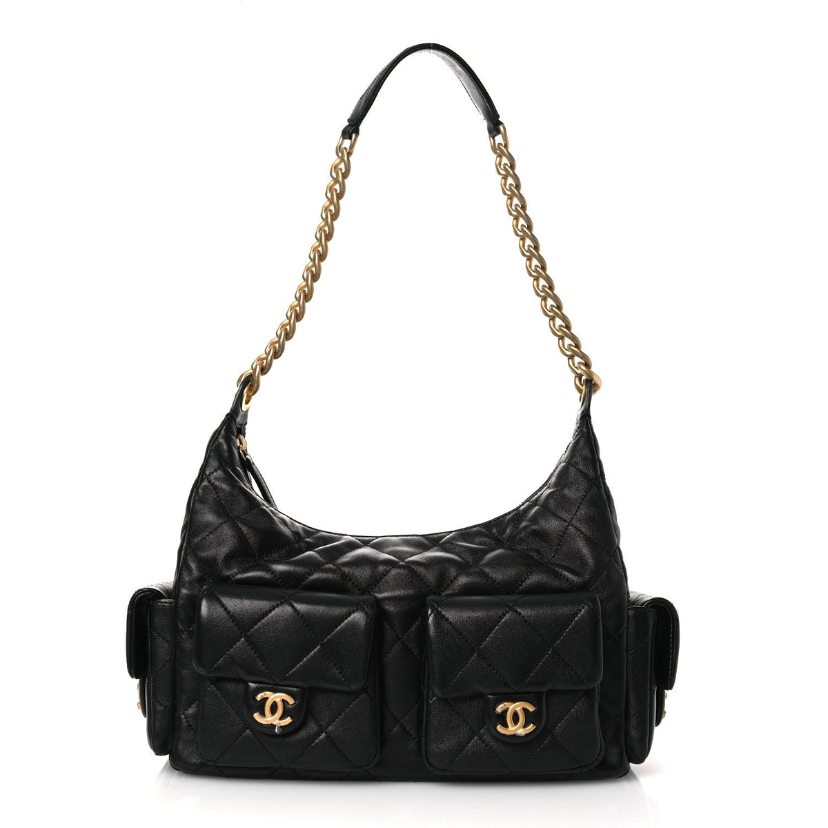 Shiny Lambskin Quilted Trendy Pockets Hobo Black