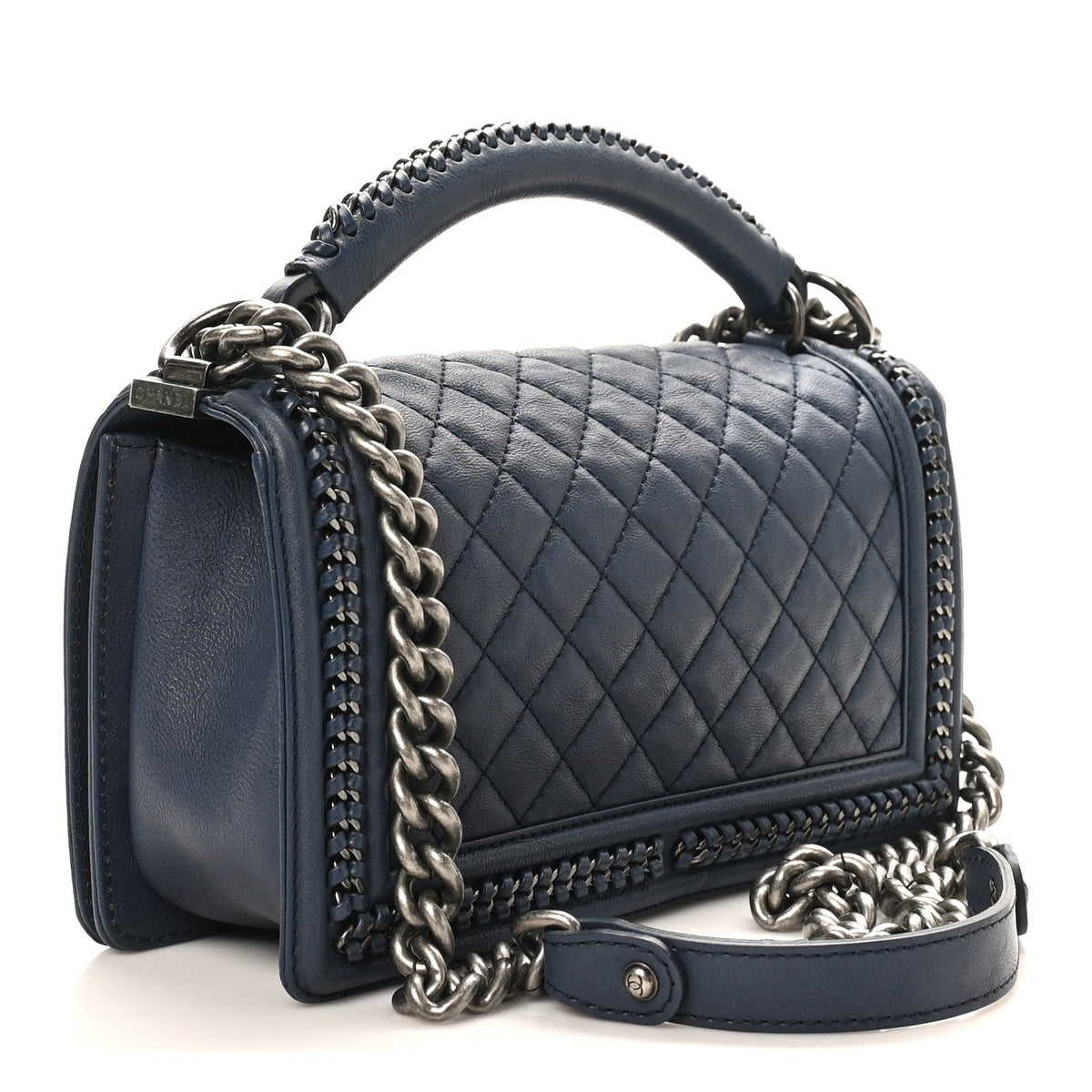 Calfskin Quilted Medium Top Handle Boy Flap Blue
