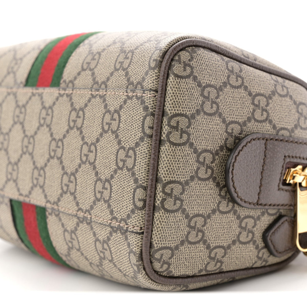 GG Supreme Monogram Textured Dollar Calfskin Web Mini Ophidia Top Handle Bag Beige Ebony New Acero