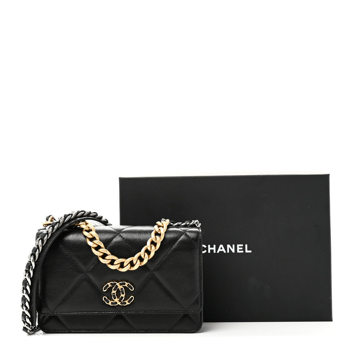 Lambskin Quilted Chanel 19 Wallet On Chain WOC Black