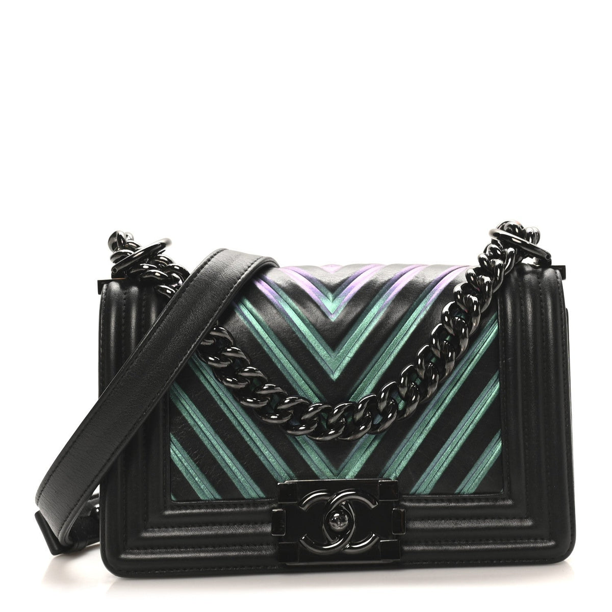 Calfskin Painted Chevron Embossed Medium Boy Flap Black