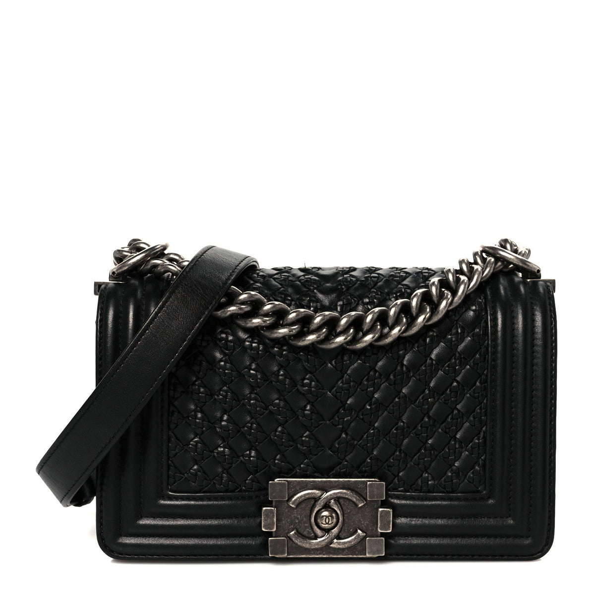 Lambskin Braided Woven Small Boy Flap Black